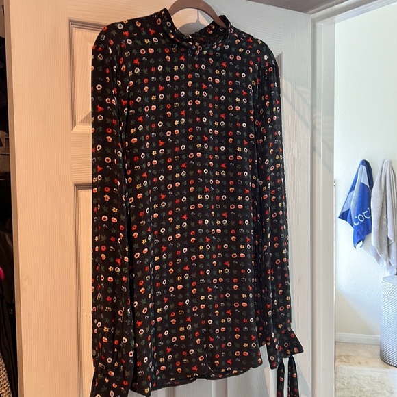 Equipment France Aurora multi floral black silk blouse mock neck bow top XL - Picture 5 of 10
